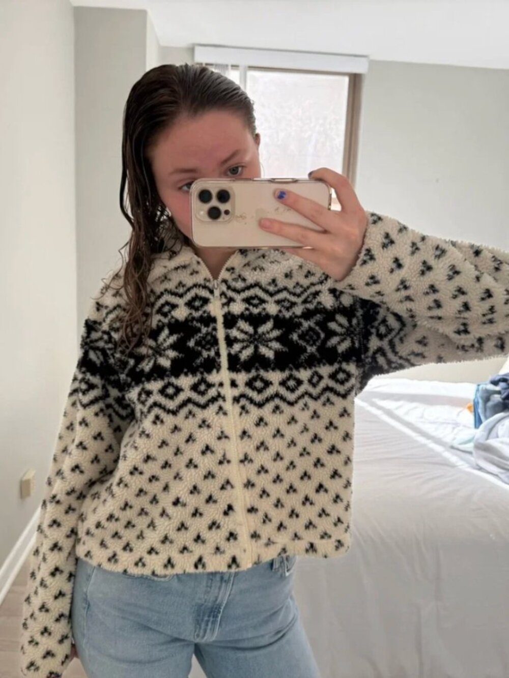 Revolve Cream and Black Fair Isle Zip Up Collared Fleece Cardigan